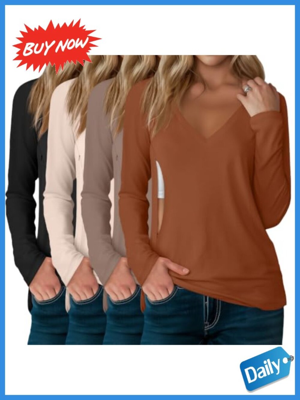 Women's Nursing Maternity Long Sleeve V-Neck Zip T-Shirt 4 Pack